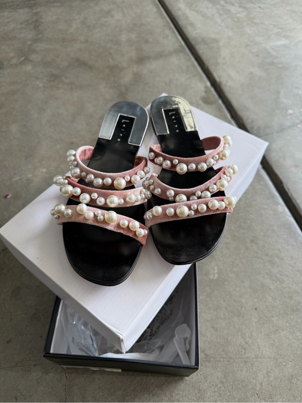 Pearl-Embellished Pink Suede Slide Sandals
